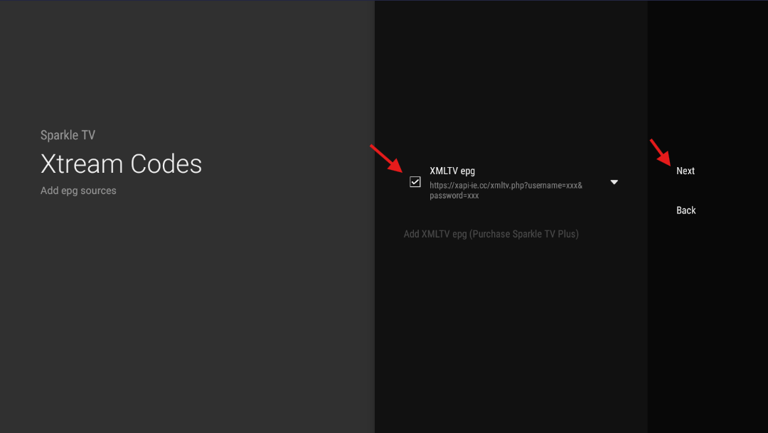 XMLTV EPG selection screen