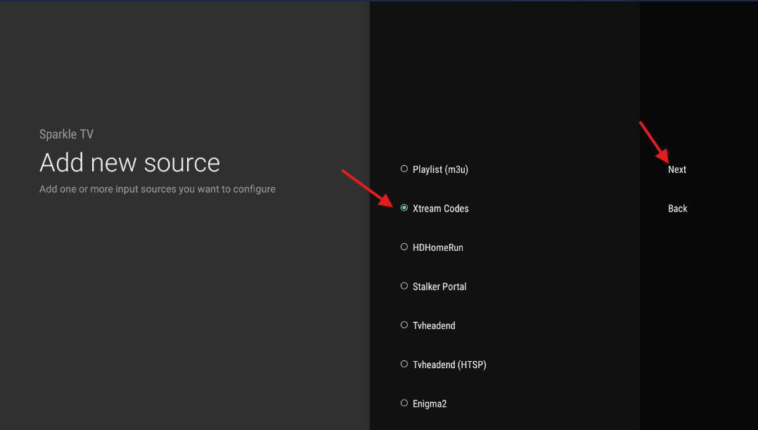 Selecting Xtream Codes as the source type